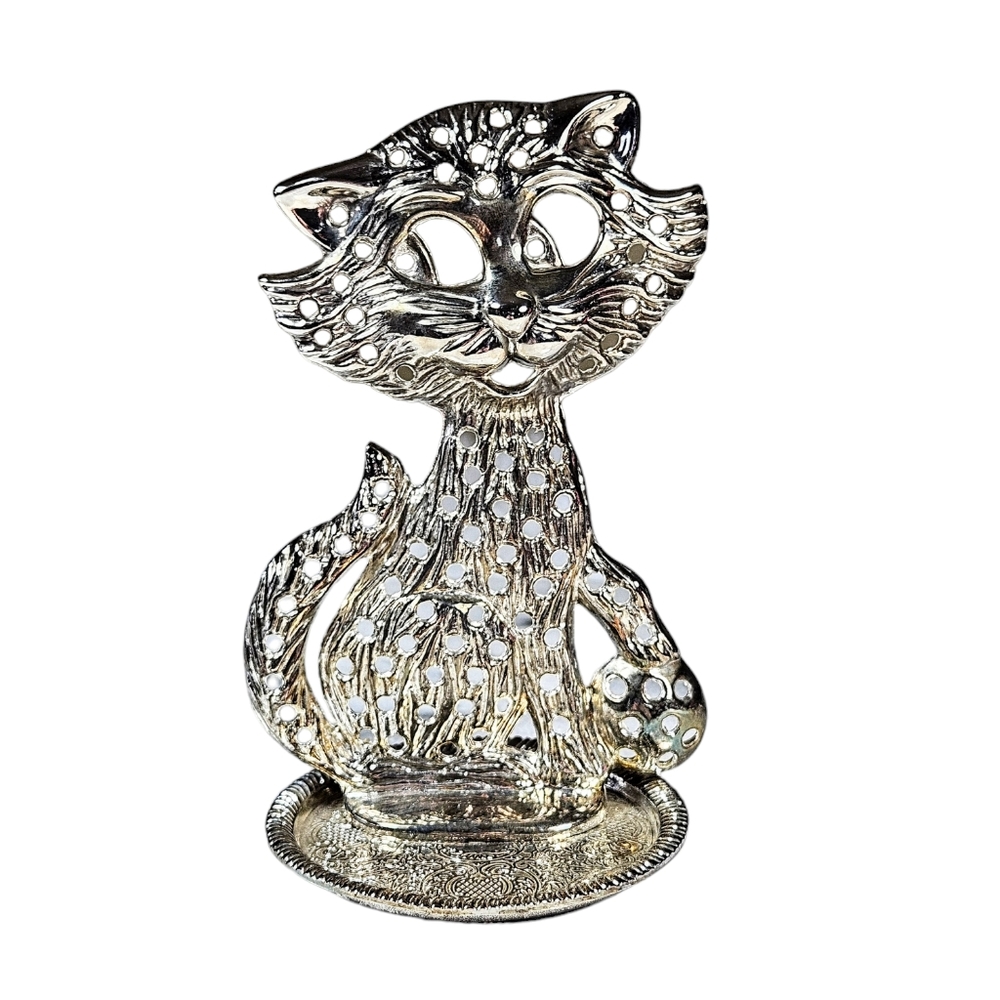 Vintage Silver Plate Cat Pierced Earring Tree Holder Ring Tray Jewelry Kitschy